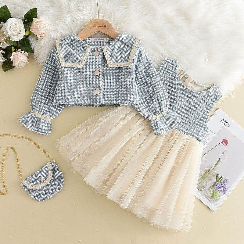 Vestido Infantil  com bolsinha e cardigan