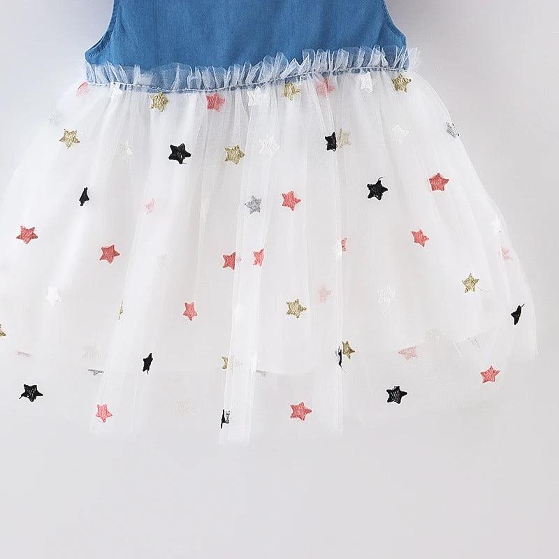 Vestido Infantil Jeans Tule Estrelinha