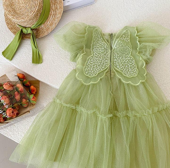 Vestido Infantil Verde Borboleta Brilhante