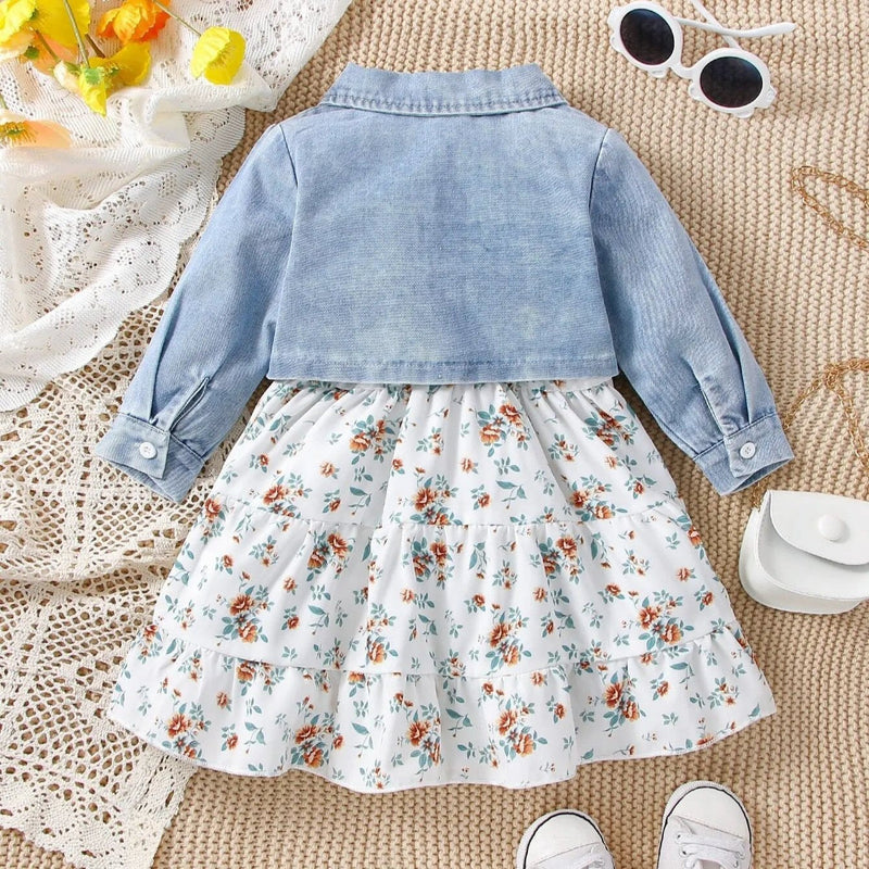 Conjunto Vestido Floral e Casaco Jeans