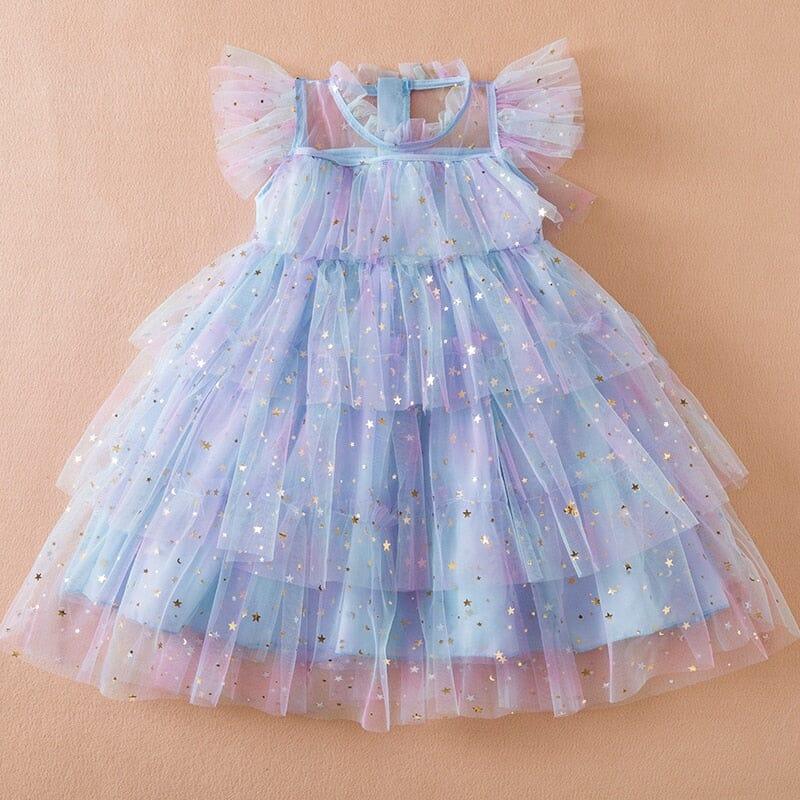 Vestido Infantil Babados Tule Estrelinhas