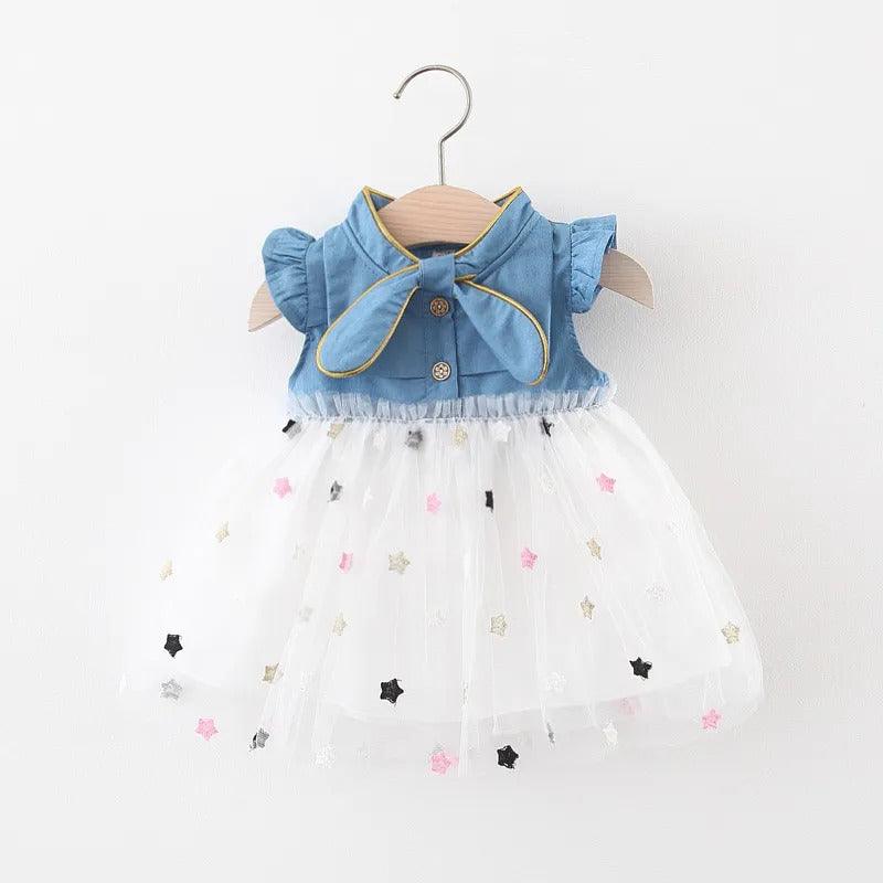 Vestido Infantil Jeans Tule Estrelinha