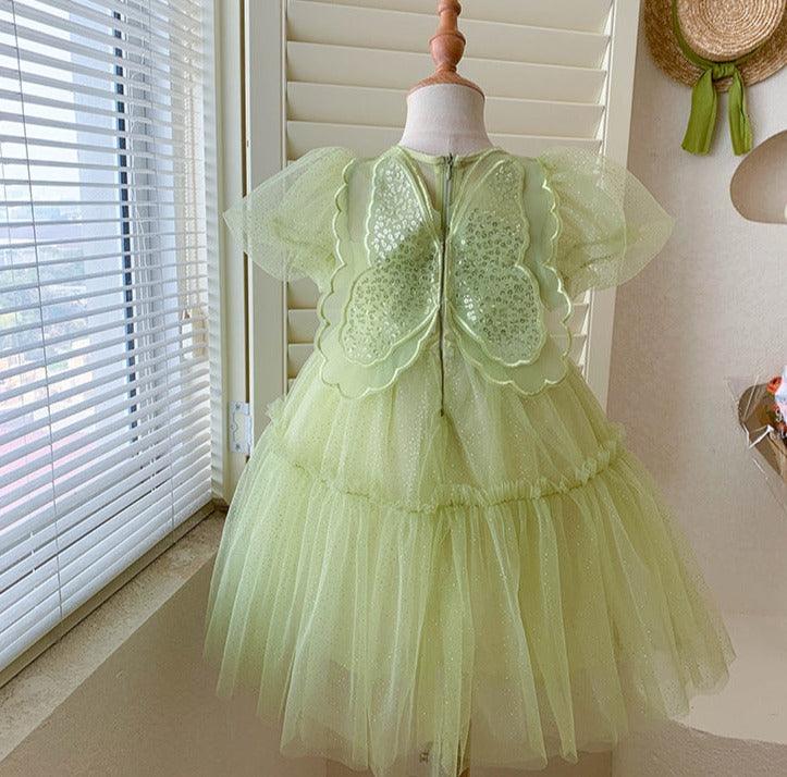 Vestido Infantil Verde Borboleta Brilhante