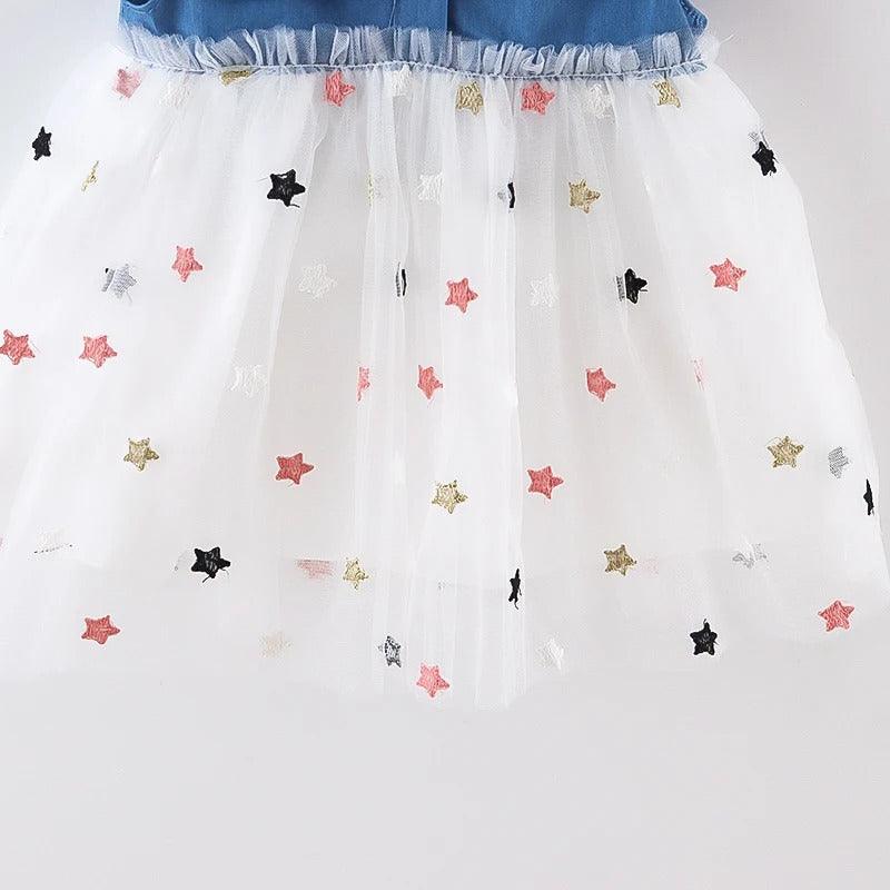 Vestido Infantil Jeans Tule Estrelinha