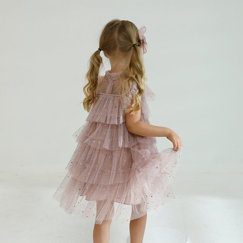 Vestido Infantil Babados Tule Estrelinhas