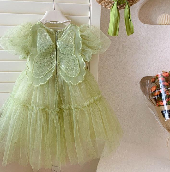 Vestido Infantil Verde Borboleta Brilhante