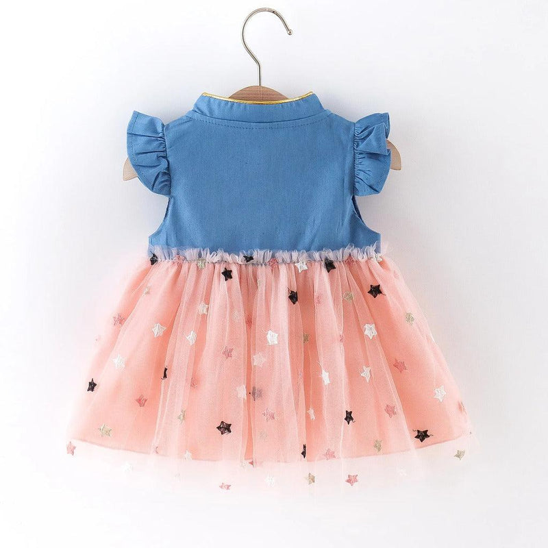 Vestido Infantil Jeans Tule Estrelinha