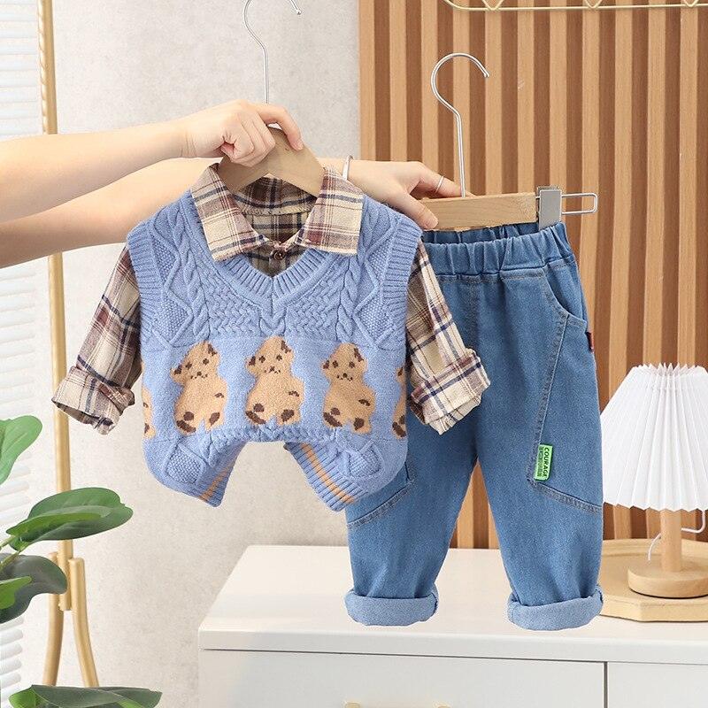 Conjunto 3 Peças Calça, Camisa Xadrez e Colete Urso