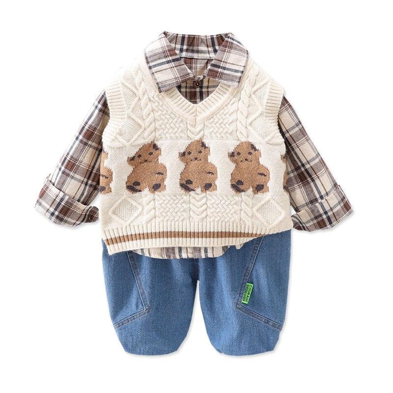 Conjunto 3 Peças Calça, Camisa Xadrez e Colete Urso