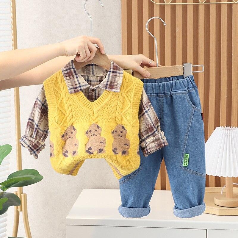 Conjunto 3 Peças Calça, Camisa Xadrez e Colete Urso