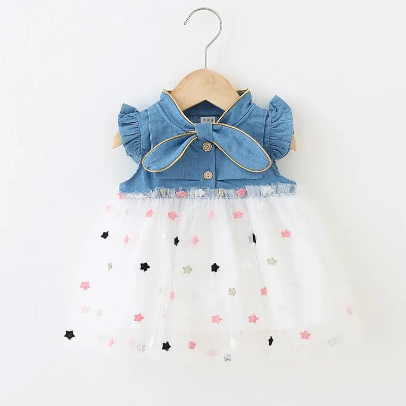 Vestido Infantil Jeans Tule Estrelinha