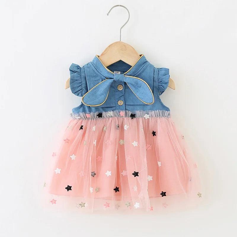 Vestido Infantil Jeans Tule Estrelinha