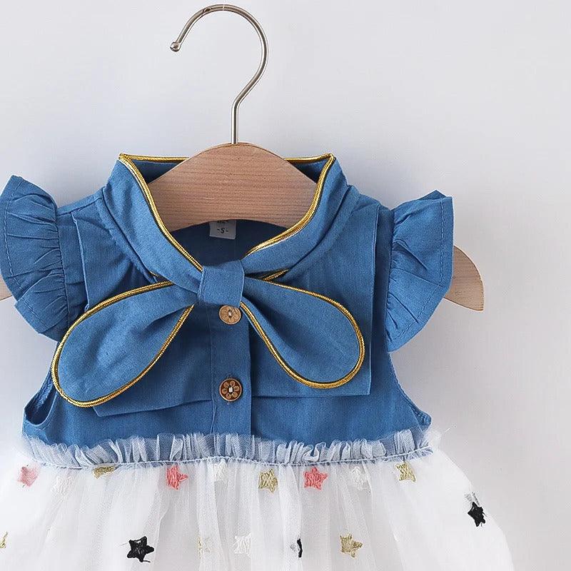 Vestido Infantil Jeans Tule Estrelinha