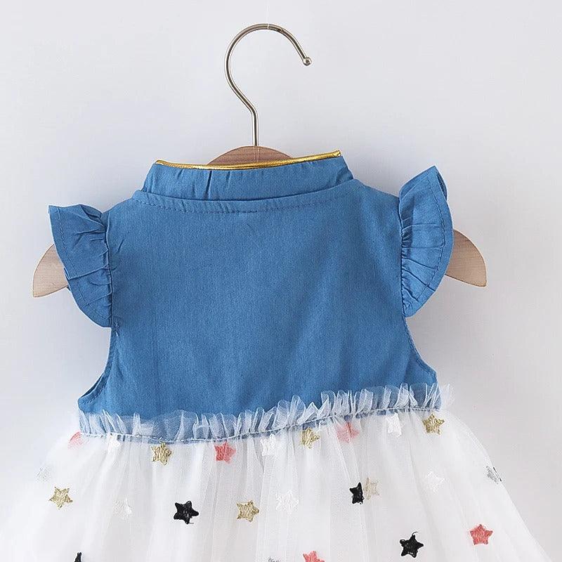 Vestido Infantil Jeans Tule Estrelinha